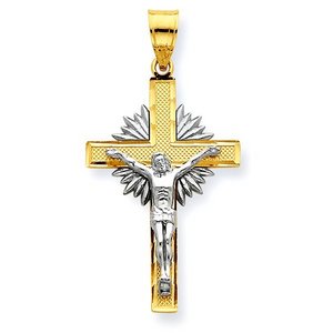 14K Two Tone Gold Diamond cut Crucifix w Sunrays Pendant