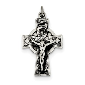 Sterling Silver Antiqued Satin Irish Crucifix Cross Pendant
