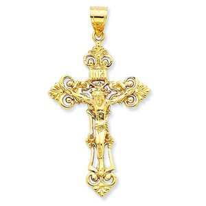 14K Yellow Gold Fleur De Lis Crucifix Pendant