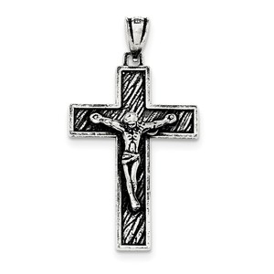 Sterling Silver Antiqued Large Box Cross Crucifix Pendant