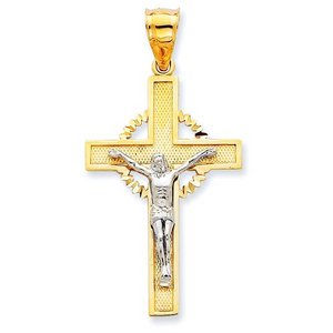 14K Two Tone Gold Diamond Cut Halo Cross Crucifix Pendant