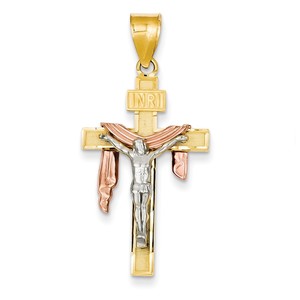 14K Tri color Diamond cut Small Draped INRI Crucifix Pendant