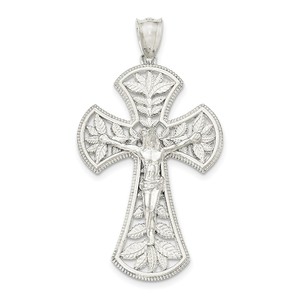 Sterling Silver Polished Leaf Large INRI Crucifix Pendant