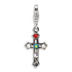 Sterling Silver Crystal Antiqued Cross w Lob  Clasp Charm