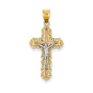 14K Tri color Diamond cut Crucifix Pendant
