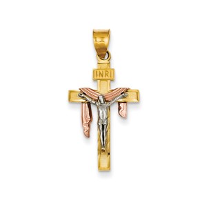 14K Tri color Diamond cut Large Draped INRI Crucifix Pendant