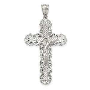 Sterling Silver Polished   Textured Large Floral Cross w Jesus Pendant