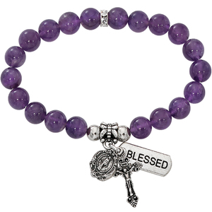Two Decade Rosary Stretch Bracelet with Simulated Amethyst Beads