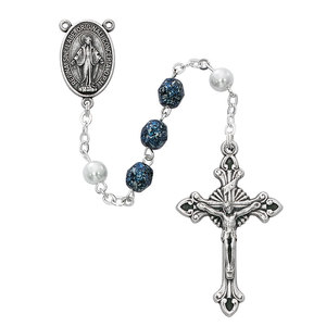Pewter Blue Bead   Pearl Rosary