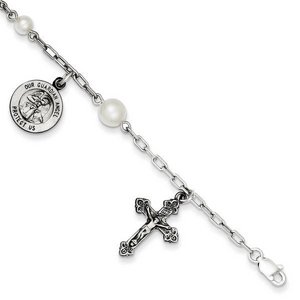 Sterling Silver  Cultured Pearl Rosary Bracelet  with Our Guardian Angel Medal