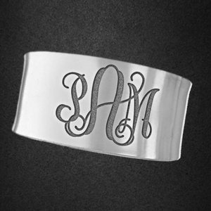Sterling Silver Fancy Cuff Monogram Concave Bangle Bracelet