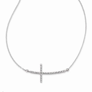 Sterling Silver with Large CZ Sideways Cross with 2 in Ext Necklace