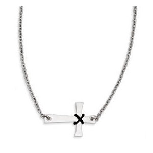 Stainless Steel Sideways Cross with Rubber Accent Necklace