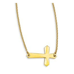 Stainless Steel  Gold Plated Sideways Cross 16in Necklace
