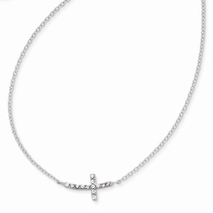Sterling Silver with CZ Offset Sideways Cross with 16 inch and 2 in Ext Necklace