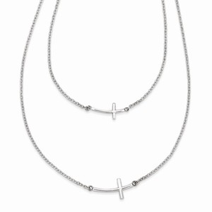 Sterling Silver Small and Large Sideways Curved Cross 2 Layer Necklace
