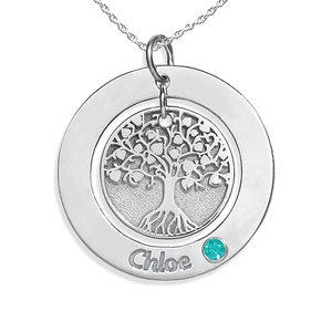 Personalized Round Family Tree Pendant with Birthstone   Name  Includes 18 Inch Chain