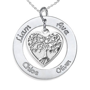Personalized Round Family Tree Dangle Heart Pendant With Names