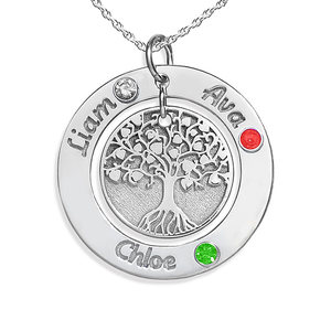 Personalized Round Family Tree Pendant with Three Birthstones   Names  Includes 18 Inch Chain