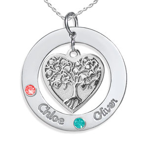 Personalized Round Family Tree Pendant with Two Birthstones   Names  Includes 18 Inch Chain
