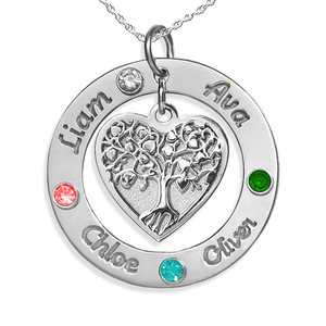 Personalized Round Family Tree Pendant with 4 Birthstones   Names