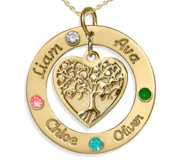 Personalized Round Family Tree Pendant with 4 Birthstones   Names