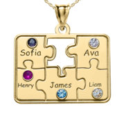 Personalized Family Five Piece Jigsaw Puzzle Pendant w  Names   Birthstones  Includes 18 Inch Chain