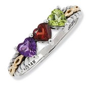 Sterling Silver   14k Gold Antiqued Mothers Ring w  Three Heart Stones