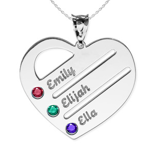Personalized Heart Family Pendant with 3 Birthstones   Names Includes 18 Inch Chain