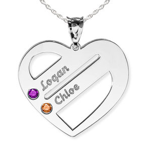 Personalized Heart Family Pendant with 2 Birthstones   Names  Includes 18 Inch Chain
