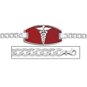 Sterling Silver Medical ID Bracelet w  Curb Chain W  Red Enamel