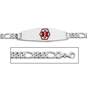 Sterling Silver Medical ID Red Enamel Bracelet w  Figaro Chain