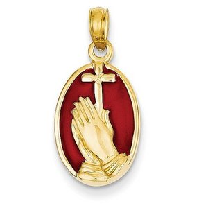 14K Yellow Gold Red Translucent Acrylic Praying Hands and Cross Pendant