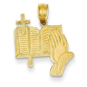 14K Yellow Gold Bible  Praying Hands  and Cross Pendant