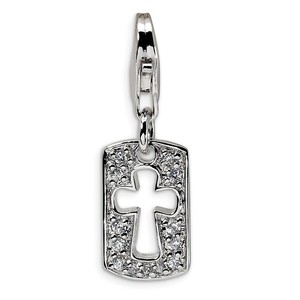 Sterling Silver CZ Cut out Cross Faith Clip on w Lobster Clasp Charm