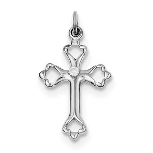 Sterling Silver Rhodium plated Budded Cross w CZ Charm