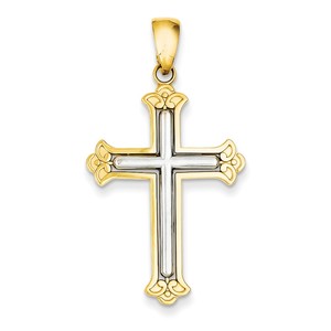 14K Two tone White Cross in Budded Yellow Cross Frame Pendant