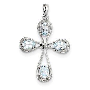 Sterling Silver Rhodium Aqua   Diamond Cross Pendant