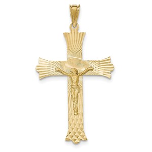 14k Polished  Satin and Diamond cut Crucifix Cross Pendant