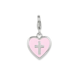 Sterling Silver Enameled Heart with Cross w Lobster Clasp Charm