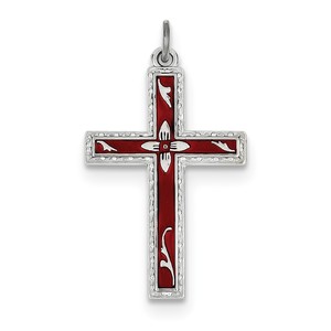 Sterling Silver Rhodium plated Red Enameled Cross Pendant