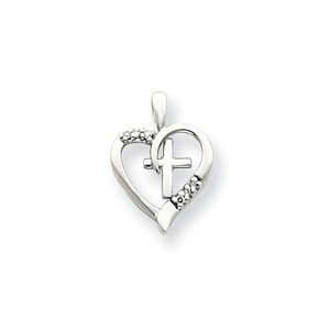 14k White Gold AA Diamond Heart   Cross Pendant