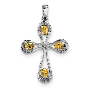 Sterling Silver Rhodium Citrine   Diamond Cross Pendant