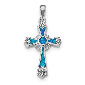 Sterling Silver Rhodium plated CZ   Created Opal Cross Pendant