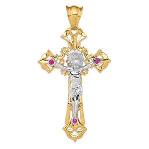 14k Two tone Polished with Red CZs Crucifix Pendant