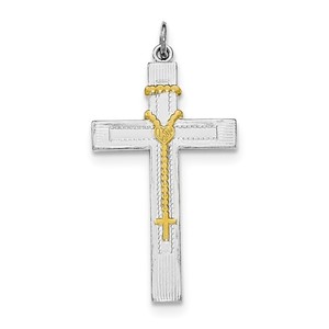 Sterling Silver Rhodium plated   Gold tone Rosary on Cross Pendant