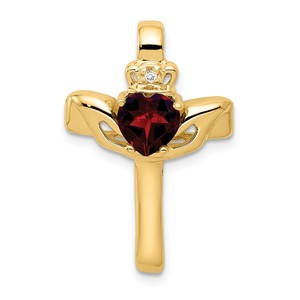 14k Garnet   AA Diamond Claddagh Cross Pendant