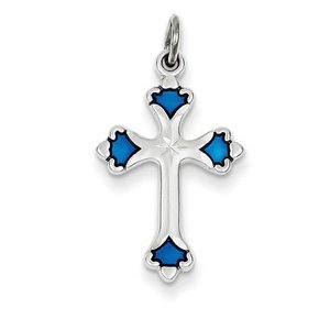 Sterling Silver Blue Enameled Budded Cross Charm