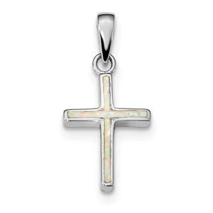 Sterling Silver Rhodium plated White Created Opal Cross Pendant