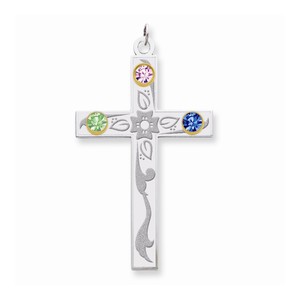 Sterling Silver 14k Bezel Crystal Family Cross Pendant